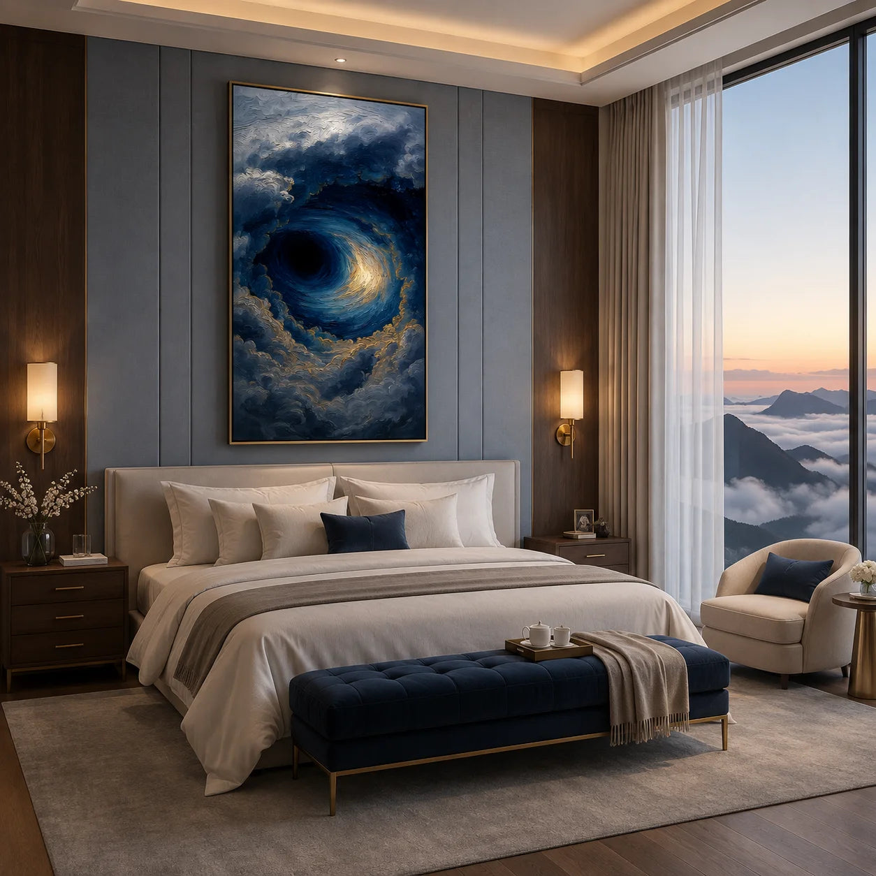 Ownanart Hand-Painted Deep Blue & Gold Ocean Storm Vortex Oil Painting | Modern Abstract Giant Wave, Swirling Clouds & Textured Seascape Wall Art for Living Room and Bedroom # OA 1344