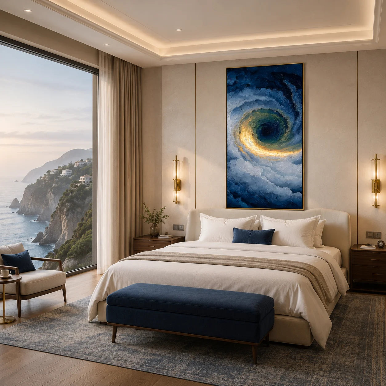 Ownanart Hand-Painted Deep Blue & Gold Ocean Vortex Oil Painting | Modern Abstract Storm Wave & Cloud Textured Seascape Wall Art for Living Room, Bedroom and Entryway # OA 1342