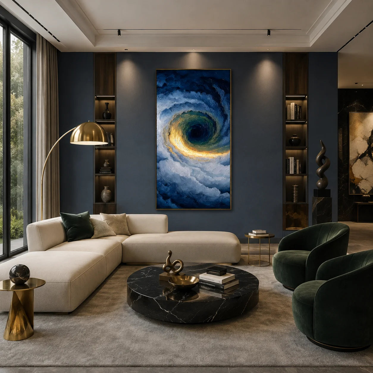 Ownanart Hand-Painted Deep Blue & Gold Ocean Vortex Oil Painting | Modern Abstract Storm Wave & Cloud Textured Seascape Wall Art for Living Room, Bedroom and Entryway # OA 1342