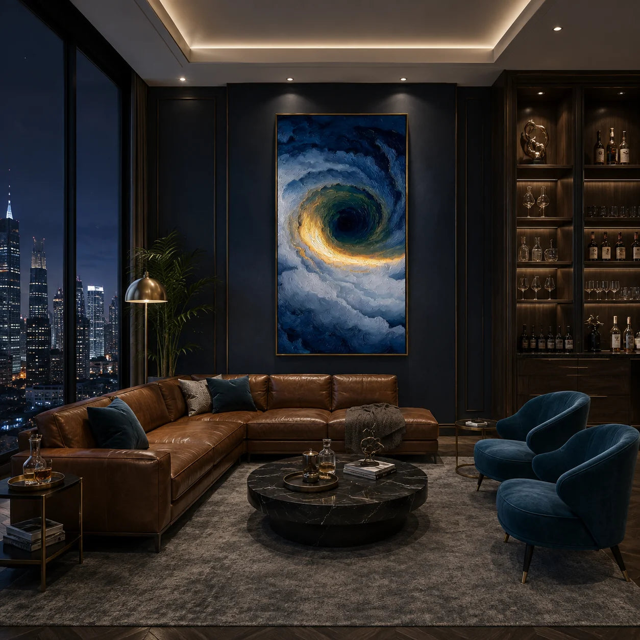 Ownanart Hand-Painted Deep Blue & Gold Ocean Vortex Oil Painting | Modern Abstract Storm Wave & Cloud Textured Seascape Wall Art for Living Room, Bedroom and Entryway # OA 1342
