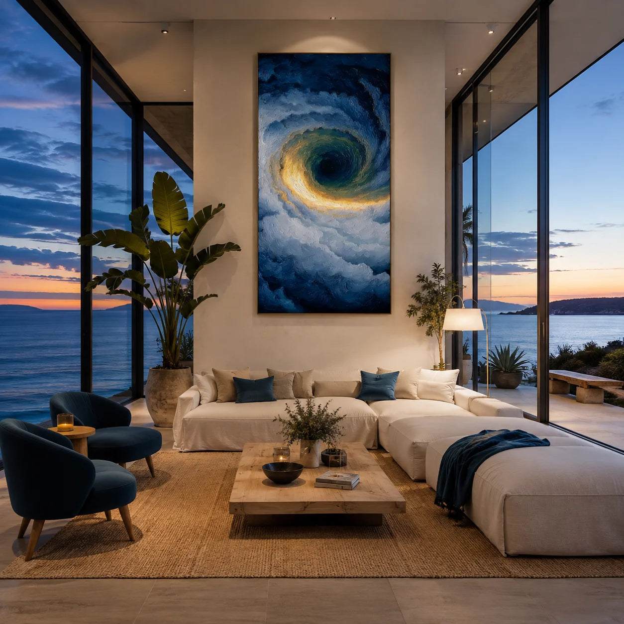 Ownanart Hand-Painted Deep Blue & Gold Ocean Vortex Oil Painting | Modern Abstract Storm Wave & Cloud Textured Seascape Wall Art for Living Room, Bedroom and Entryway # OA 1342