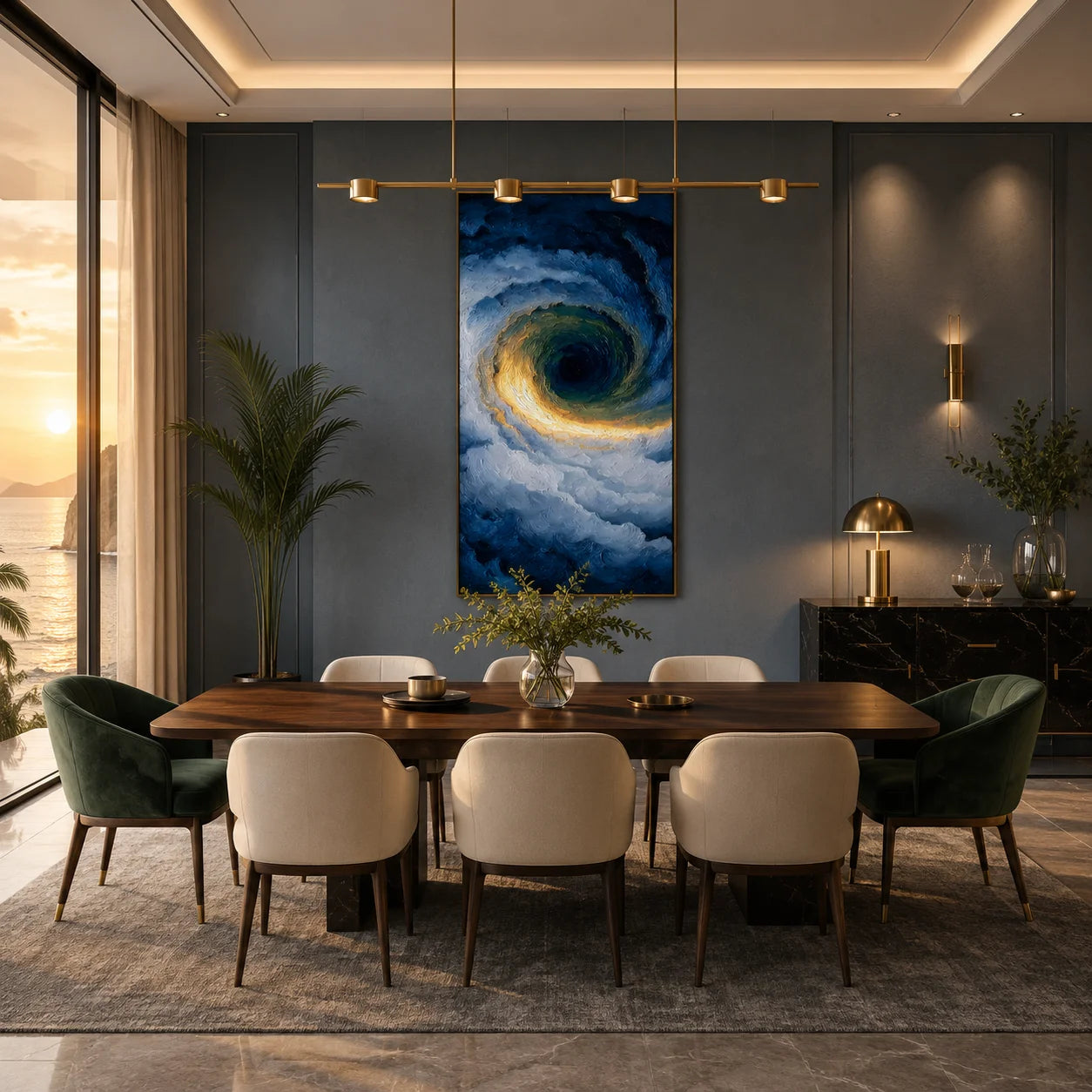 Ownanart Hand-Painted Deep Blue & Gold Ocean Vortex Oil Painting | Modern Abstract Storm Wave & Cloud Textured Seascape Wall Art for Living Room, Bedroom and Entryway # OA 1342
