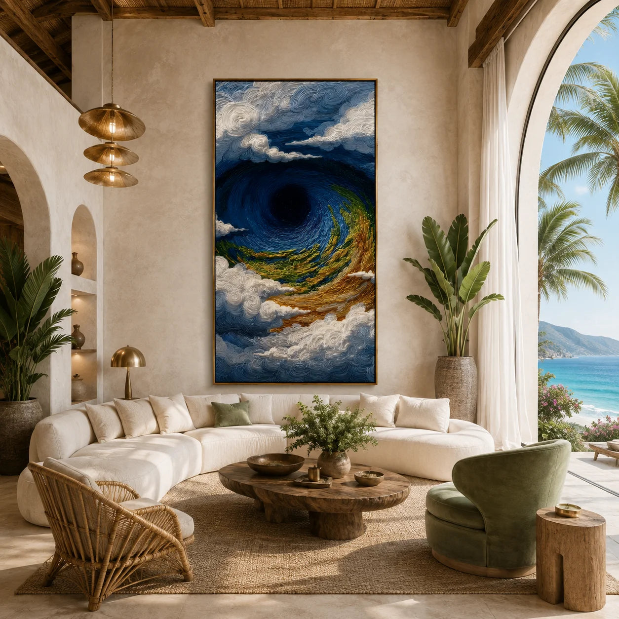 Ownanart Hand-Painted Deep Blue, Green & Gold Ocean Vortex Wave Oil Painting | Modern Abstract Textured Stormy Seascape & Cloud Wall Art for Living Room, Bedroom and Entryway # OA 1345