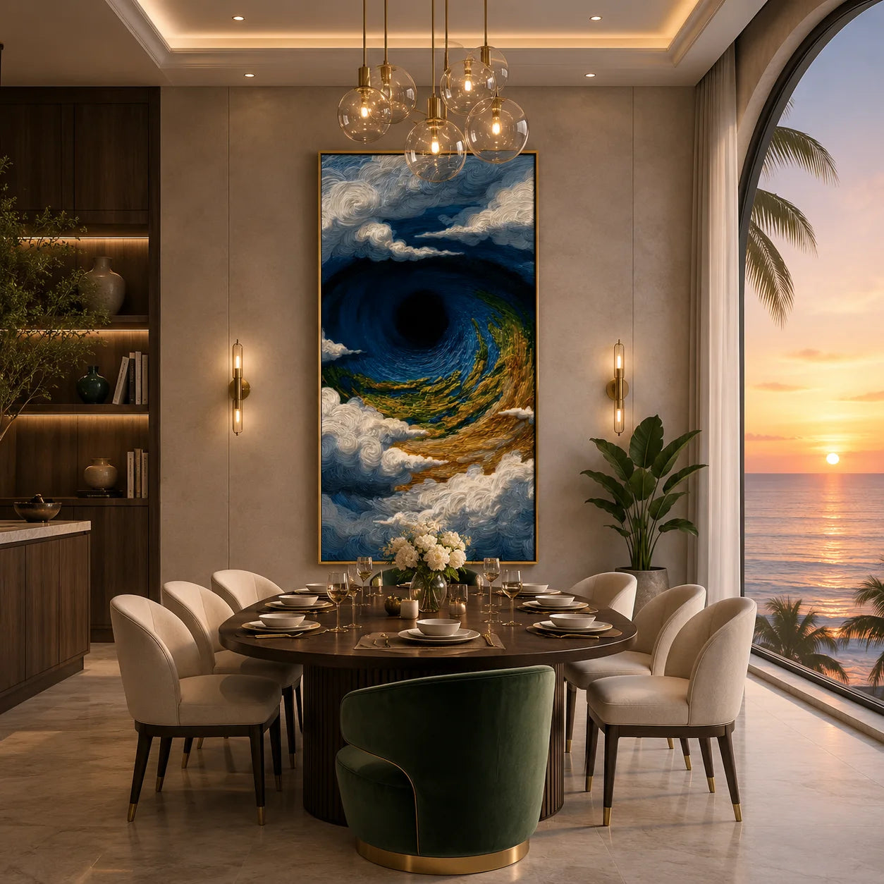 Ownanart Hand-Painted Deep Blue, Green & Gold Ocean Vortex Wave Oil Painting | Modern Abstract Textured Stormy Seascape & Cloud Wall Art for Living Room, Bedroom and Entryway # OA 1345