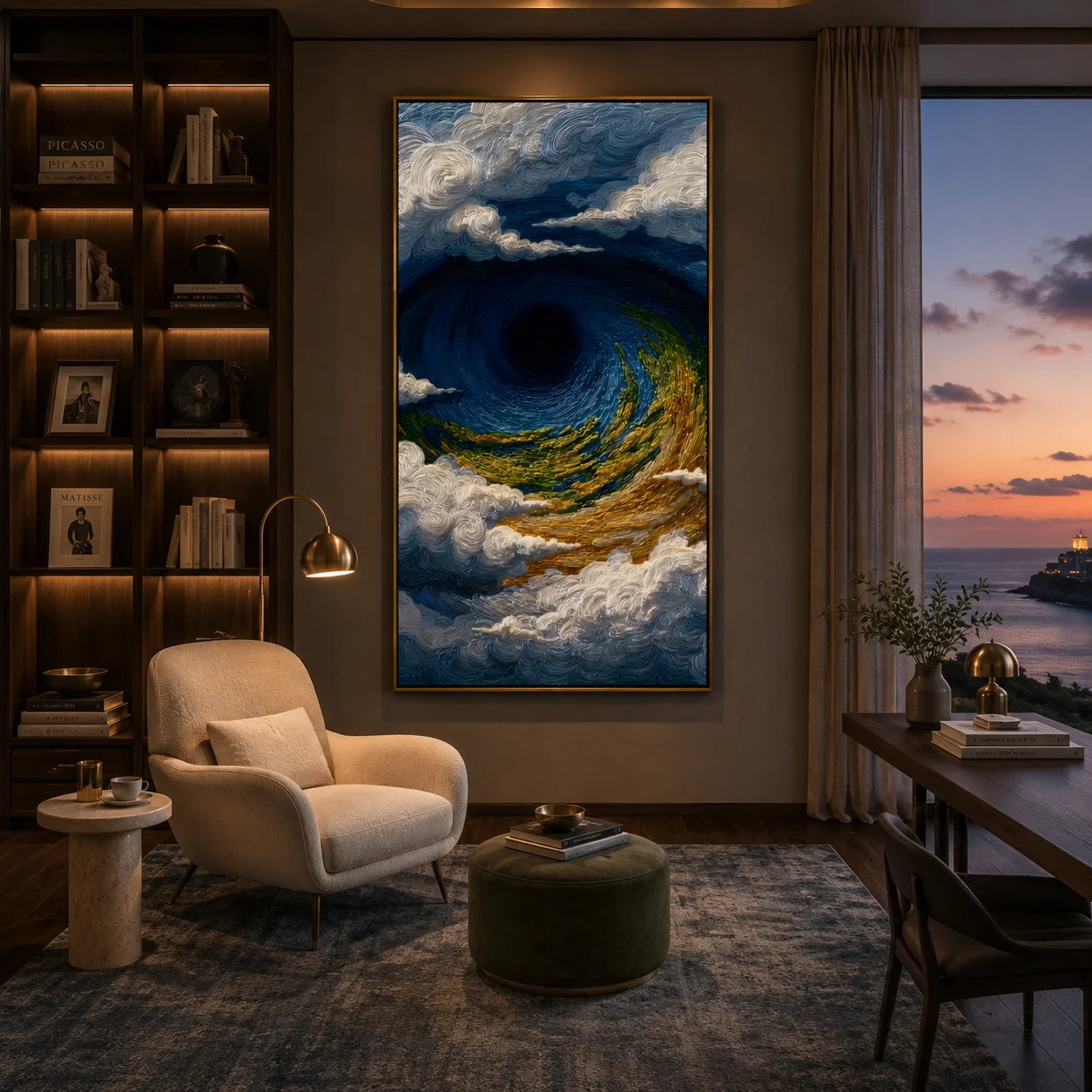 Ownanart Hand-Painted Deep Blue, Green & Gold Ocean Vortex Wave Oil Painting | Modern Abstract Textured Stormy Seascape & Cloud Wall Art for Living Room, Bedroom and Entryway # OA 1345