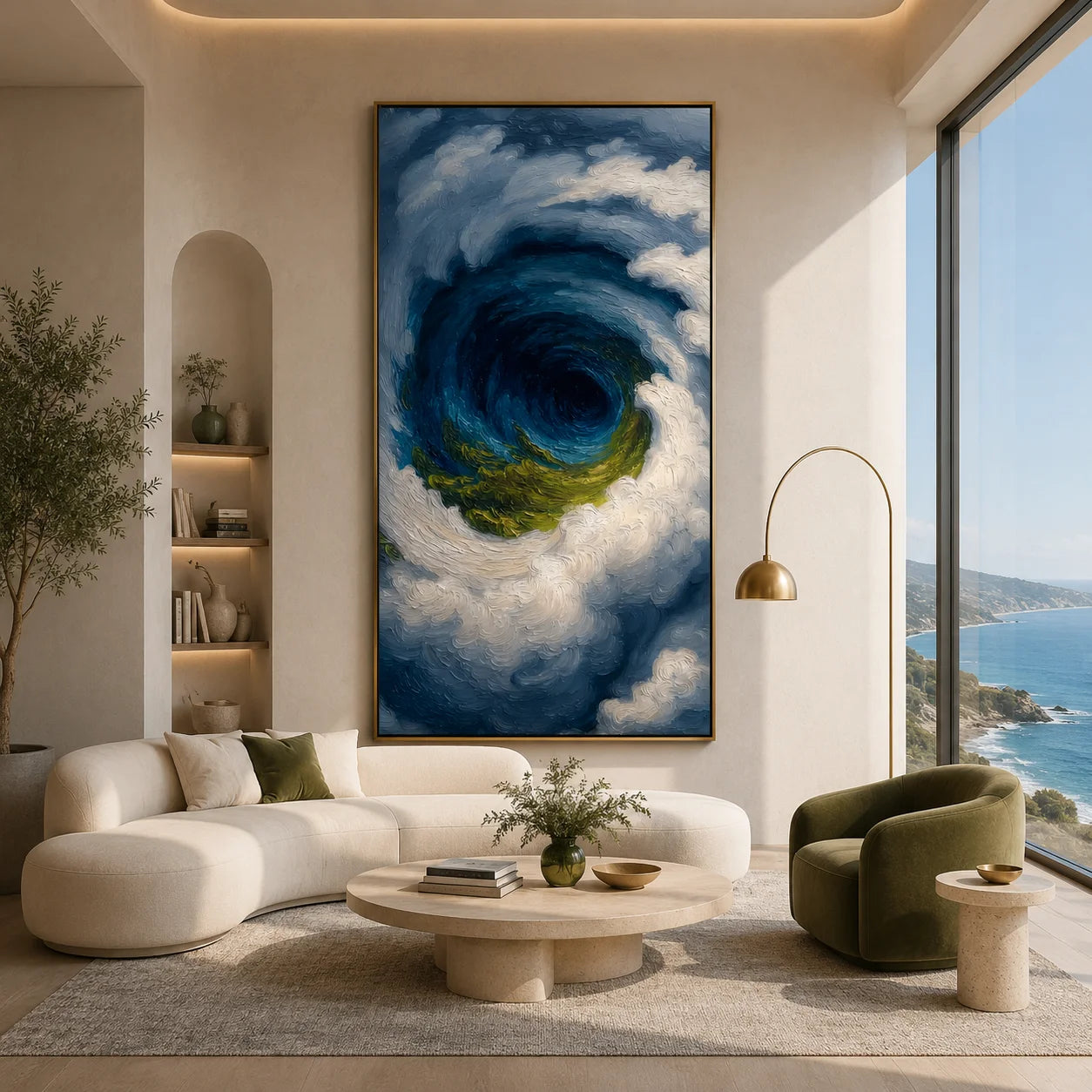 Ownanart Hand-Painted Deep Blue & Green Ocean Vortex Oil Painting | Modern Abstract Giant Wave, Storm & Cloud Textured Seascape Wall Art for Living Room, Bedroom and Entryway # OA 1346