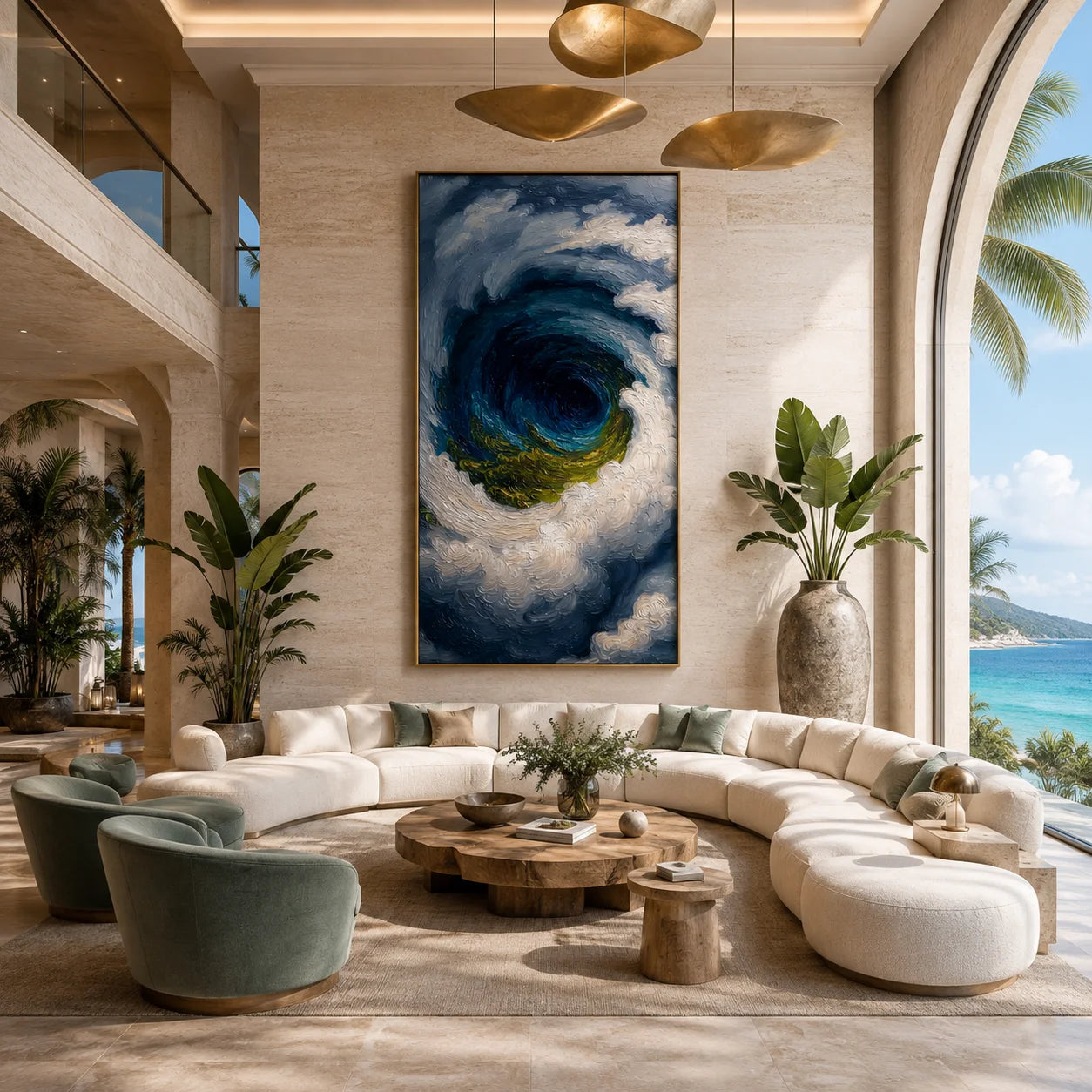 Ownanart Hand-Painted Deep Blue & Green Ocean Vortex Oil Painting | Modern Abstract Giant Wave, Storm & Cloud Textured Seascape Wall Art for Living Room, Bedroom and Entryway # OA 1346