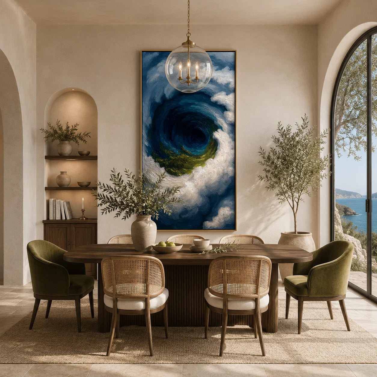 Ownanart Hand-Painted Deep Blue & Green Ocean Vortex Oil Painting | Modern Abstract Giant Wave, Storm & Cloud Textured Seascape Wall Art for Living Room, Bedroom and Entryway # OA 1346