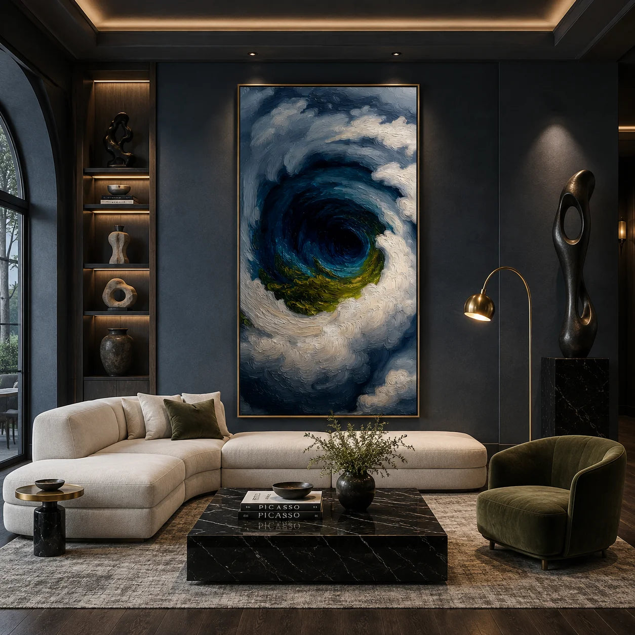Ownanart Hand-Painted Deep Blue & Green Ocean Vortex Oil Painting | Modern Abstract Giant Wave, Storm & Cloud Textured Seascape Wall Art for Living Room, Bedroom and Entryway # OA 1346