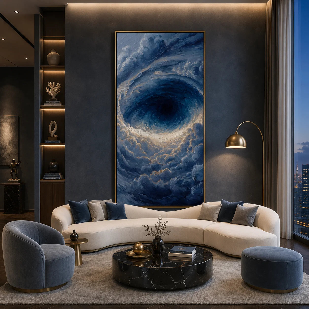 Ownanart Hand-Painted Deep Blue Ocean Vortex Oil Painting | Modern Abstract Storm Wave & Cloud Textured Seascape Wall Art for Living Room, Bedroom and Entryway # OA 1341