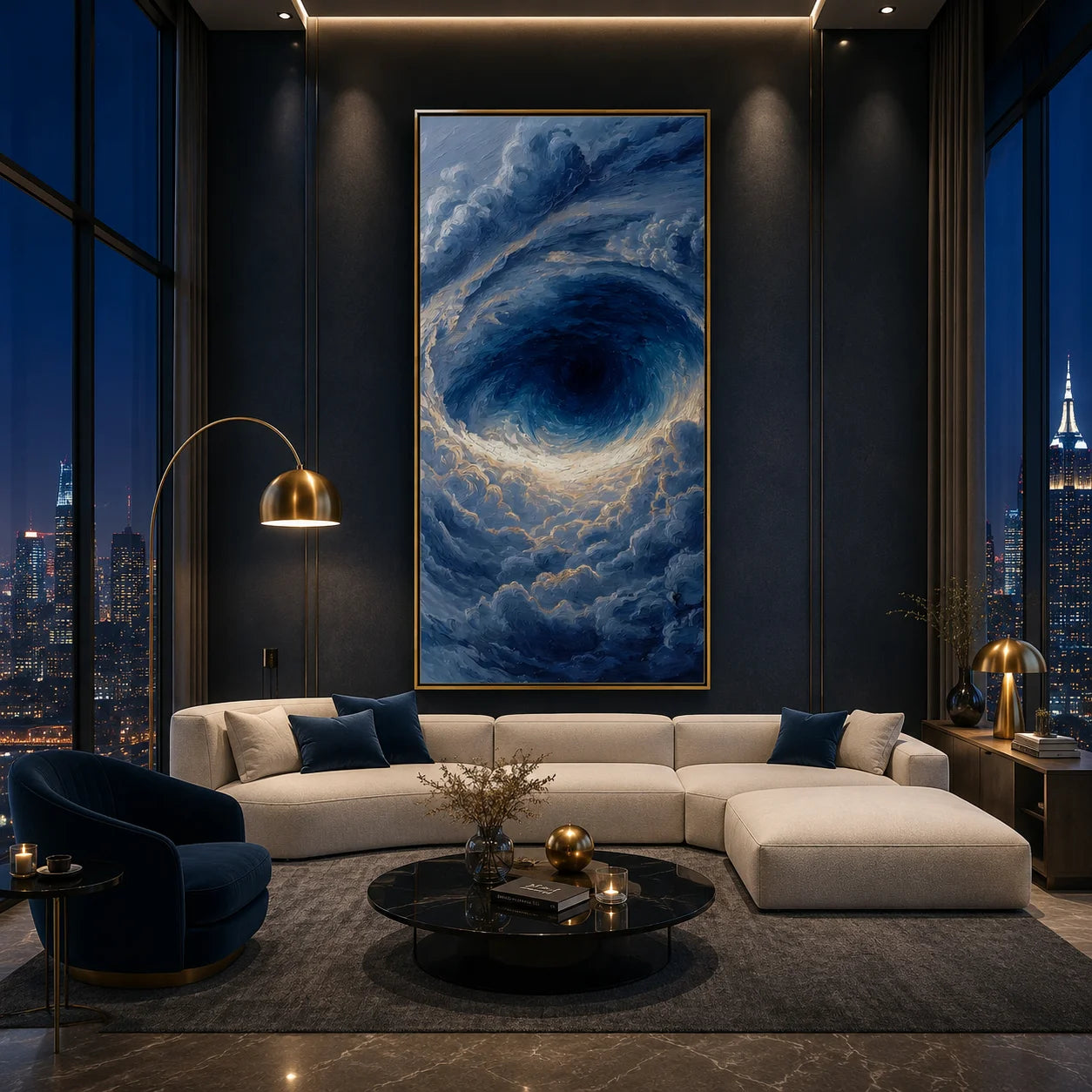 Ownanart Hand-Painted Deep Blue Ocean Vortex Oil Painting | Modern Abstract Storm Wave & Cloud Textured Seascape Wall Art for Living Room, Bedroom and Entryway # OA 1341