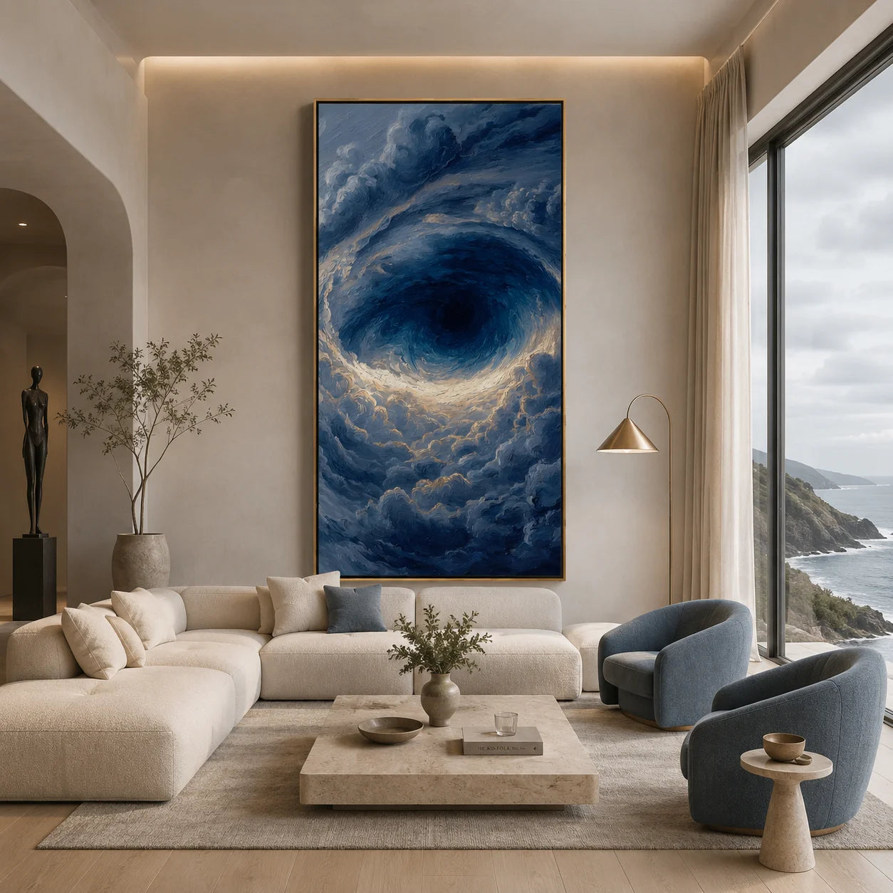 Ownanart Hand-Painted Deep Blue Ocean Vortex Oil Painting | Modern Abstract Storm Wave & Cloud Textured Seascape Wall Art for Living Room, Bedroom and Entryway # OA 1341