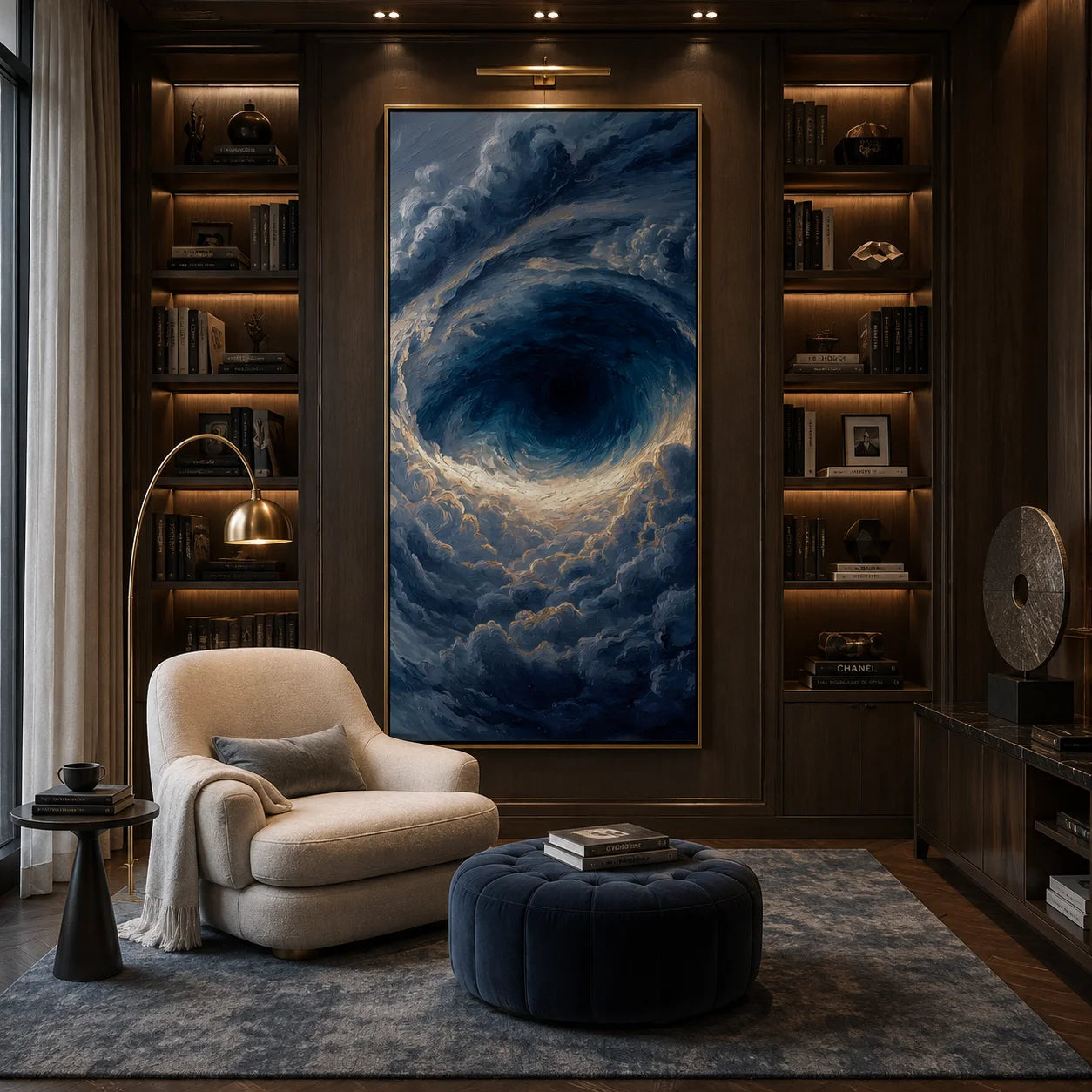 Ownanart Hand-Painted Deep Blue Ocean Vortex Oil Painting | Modern Abstract Storm Wave & Cloud Textured Seascape Wall Art for Living Room, Bedroom and Entryway # OA 1341