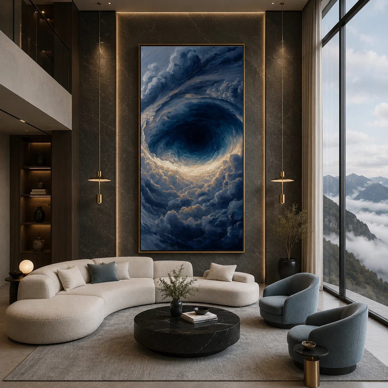 Ownanart Hand-Painted Deep Blue Ocean Vortex Oil Painting | Modern Abstract Storm Wave & Cloud Textured Seascape Wall Art for Living Room, Bedroom and Entryway # OA 1341