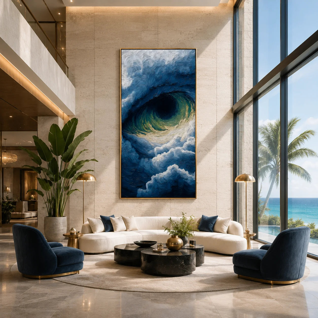 Ownanart Hand-Painted Deep Blue Ocean Wave Oil Painting | Modern Textured Turquoise Sea Wave & Coastal Seascape Wall Art for Living Room and Bedroom # OA 1340