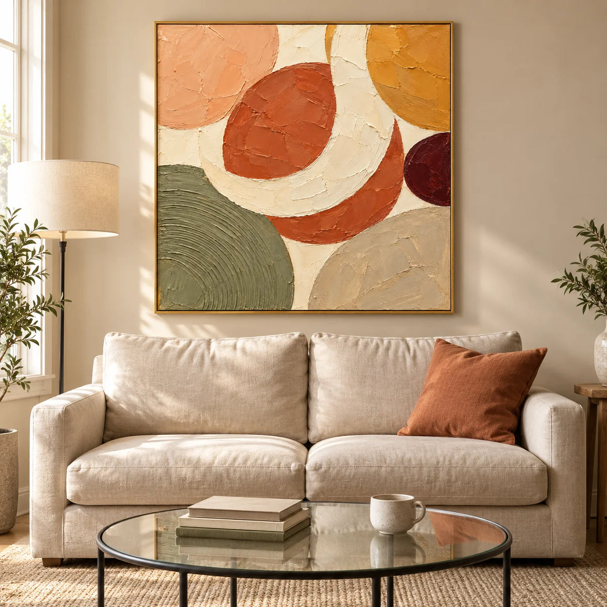 Ownanart Hand-Painted Earth Tone Abstract Oil Painting – Terracotta, Olive Green & Ochre Geometric Shapes, Square Textured Wall Art