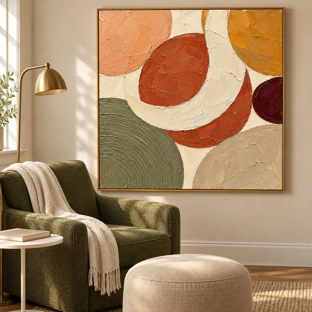 Ownanart Hand-Painted Earth Tone Abstract Oil Painting – Terracotta, Olive Green & Ochre Geometric Shapes, Square Textured Wall Art