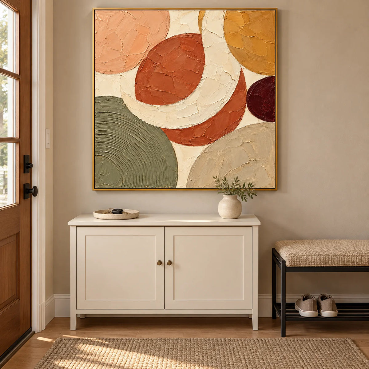 Ownanart Hand-Painted Earth Tone Abstract Oil Painting – Terracotta, Olive Green & Ochre Geometric Shapes, Square Textured Wall Art