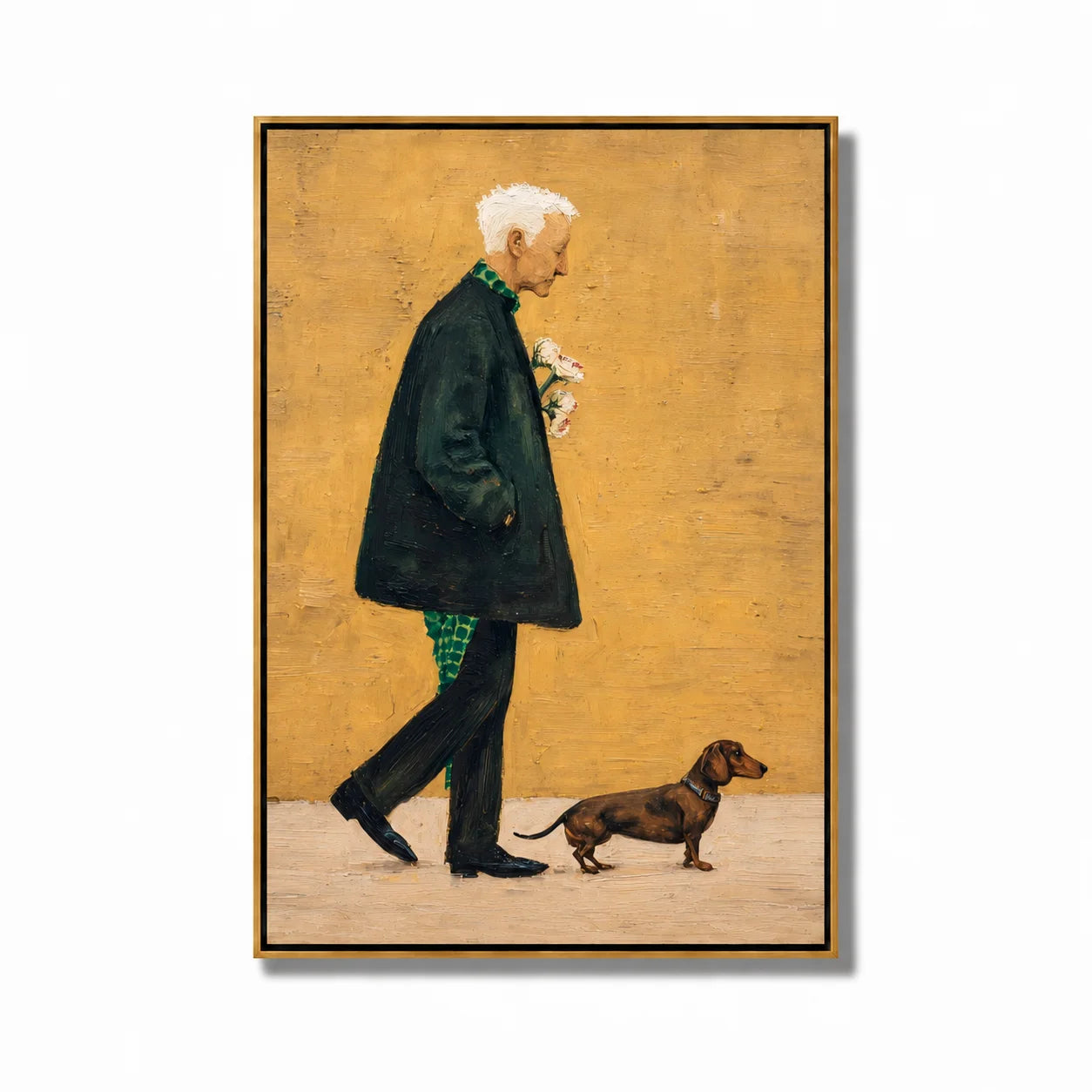 Hand-Painted Elderly Man Walking Dog Oil Painting, Warm Vintage Portrait Canvas Wall Art for Cozy Home Decor#OA 0941