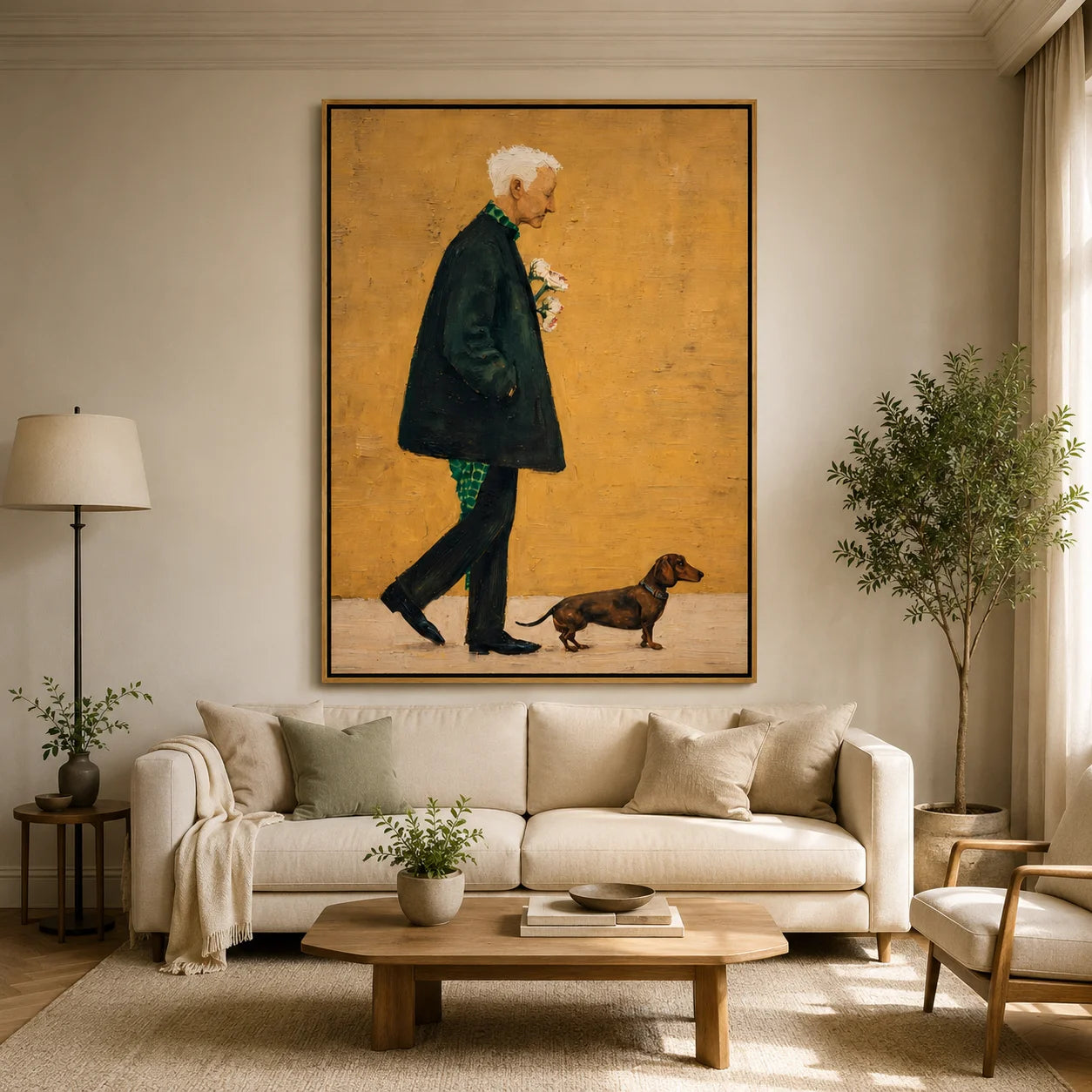 Hand-Painted Elderly Man Walking Dog Oil Painting, Warm Vintage Portrait Canvas Wall Art for Cozy Home Decor