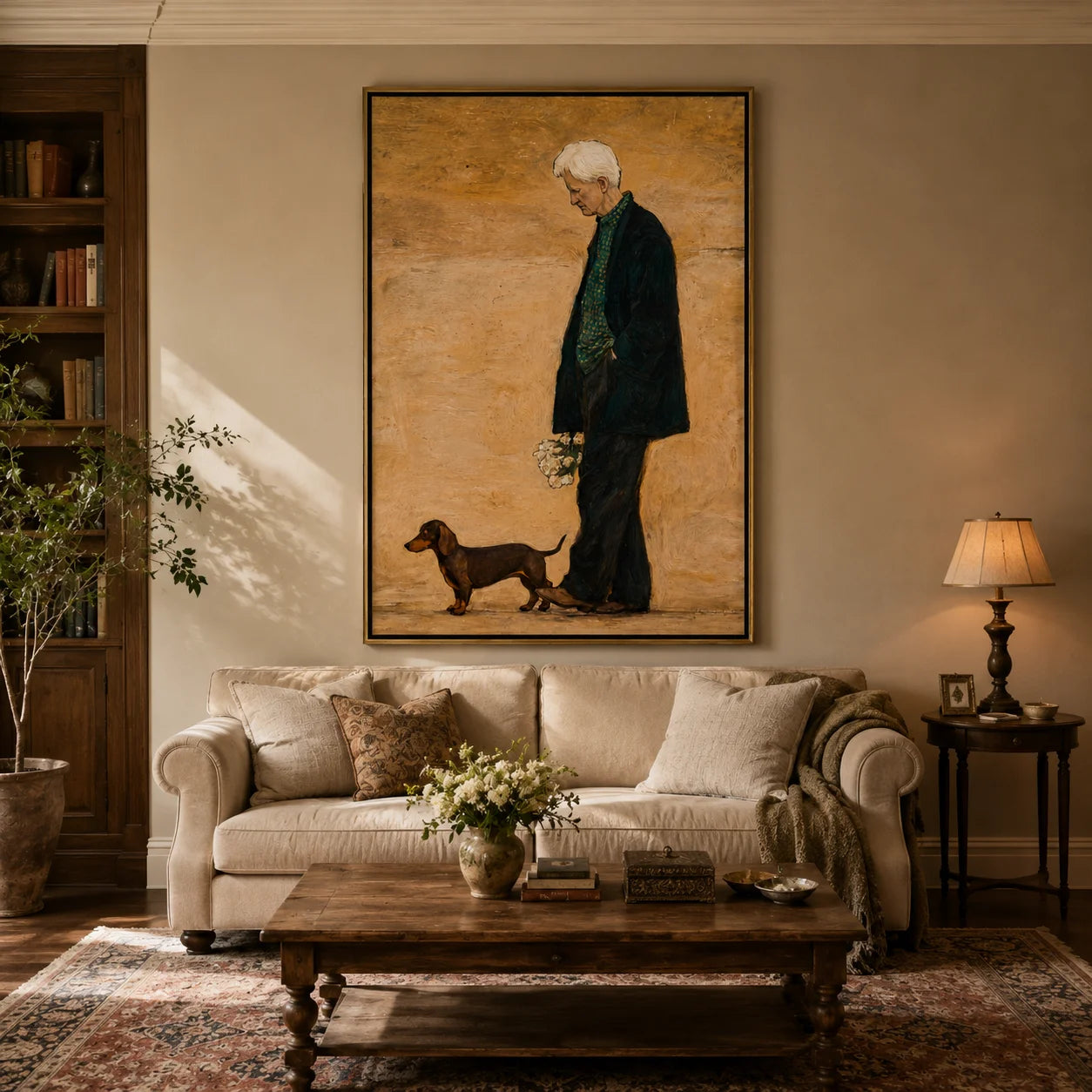 Hand-Painted Elderly Man with Dog Oil Painting, Vintage Portrait Canvas Wall Art for Warm Home Decor#OA 0940