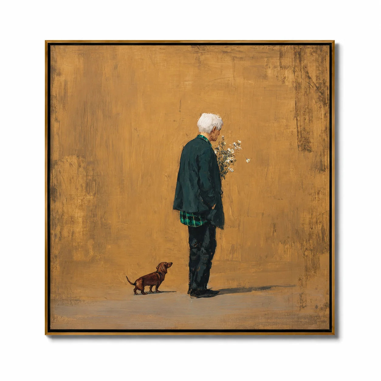 Hand-Painted Elderly Man with Dog Oil Painting, Warm Vintage Portrait Canvas Wall Art for Cozy Home Decor