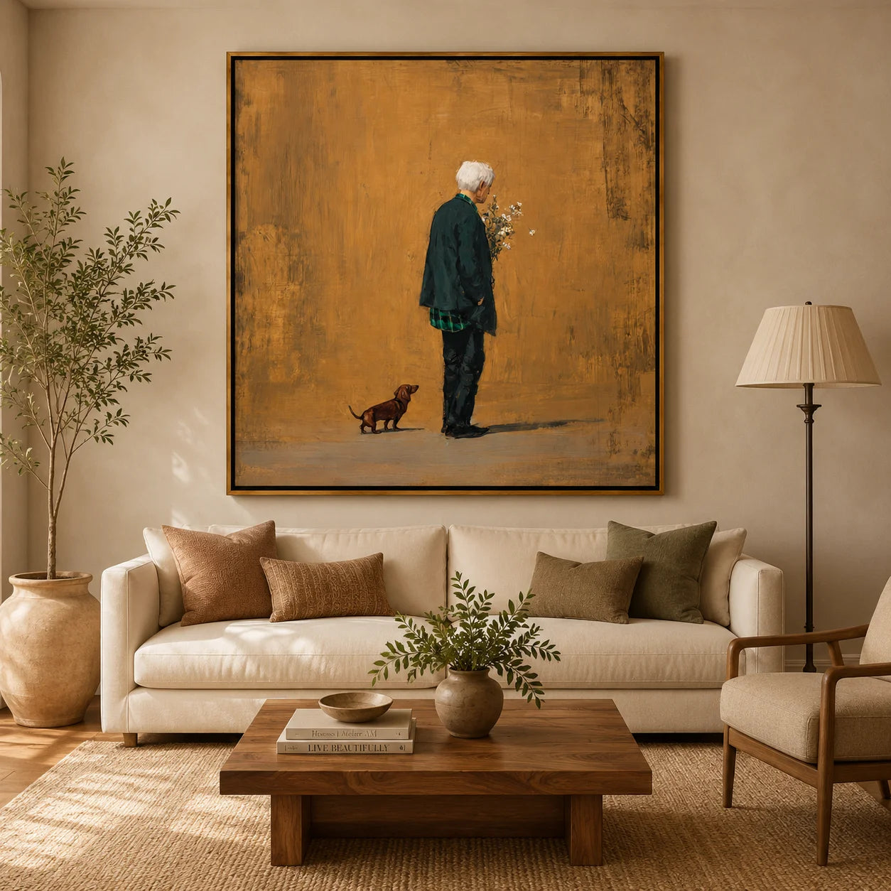 Hand-Painted Elderly Man with Dog Oil Painting, Warm Vintage Portrait Canvas Wall Art for Cozy Home Decor