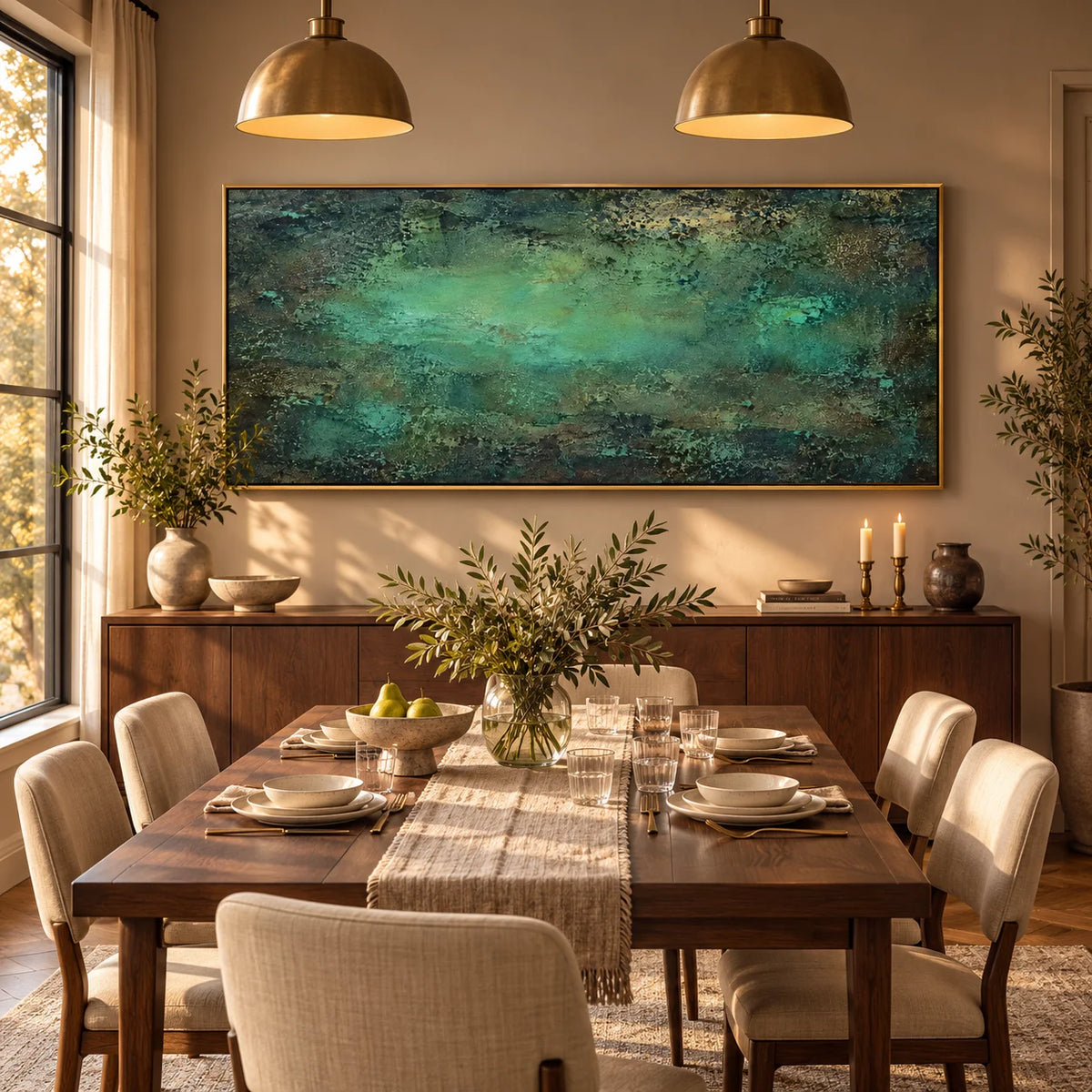 Ownanart Hand-Painted Emerald Green Abstract Textured Oil Painting – Dark Teal, Turquoise and Forest Green Modern Impasto Wall Art for Living Room and Contemporary Home Decor