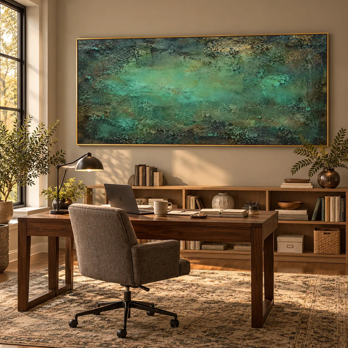Ownanart Hand-Painted Emerald Green Abstract Textured Oil Painting – Dark Teal, Turquoise and Forest Green Modern Impasto Wall Art for Living Room and Contemporary Home Decor