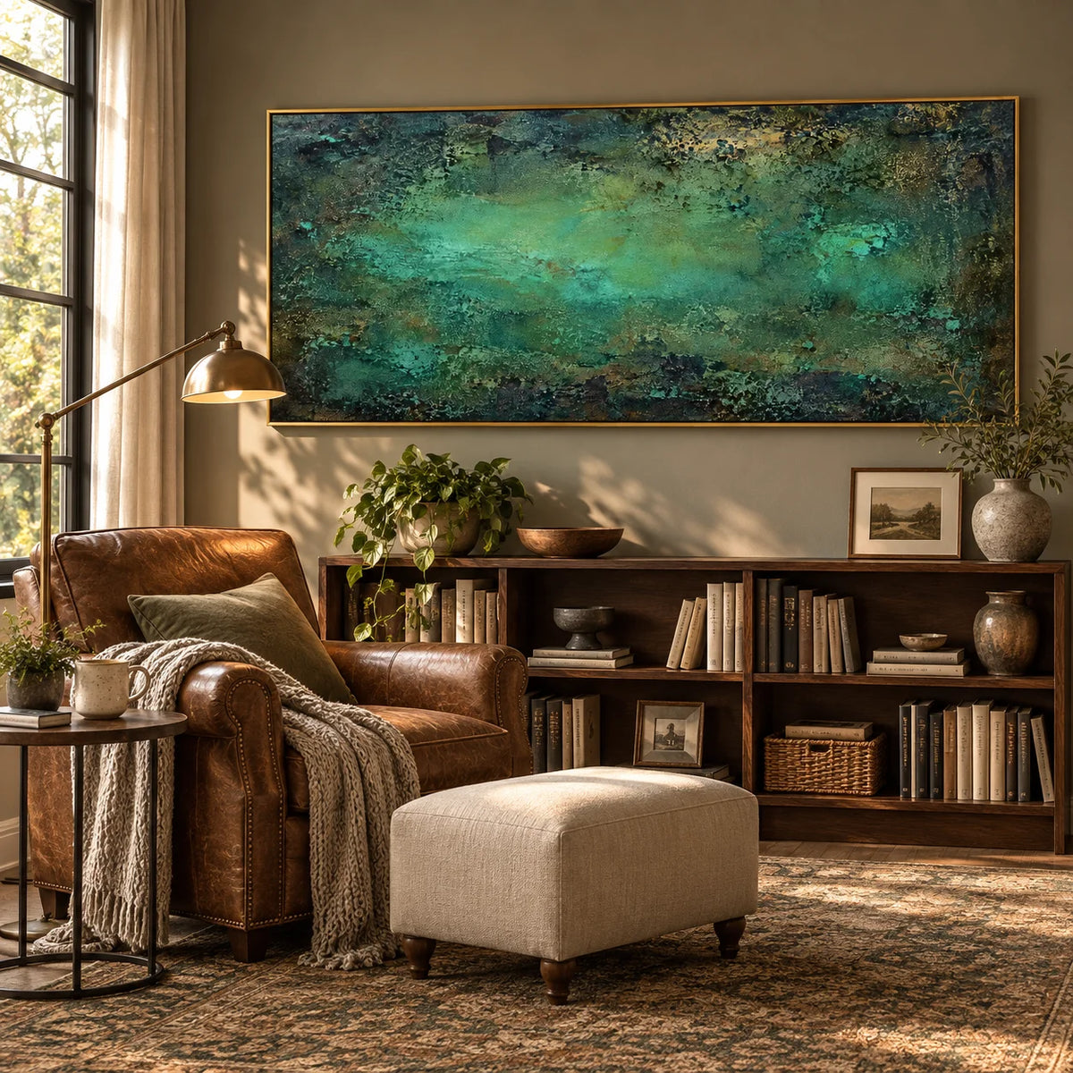 Ownanart Hand-Painted Emerald Green Abstract Textured Oil Painting – Dark Teal, Turquoise and Forest Green Modern Impasto Wall Art for Living Room and Contemporary Home Decor
