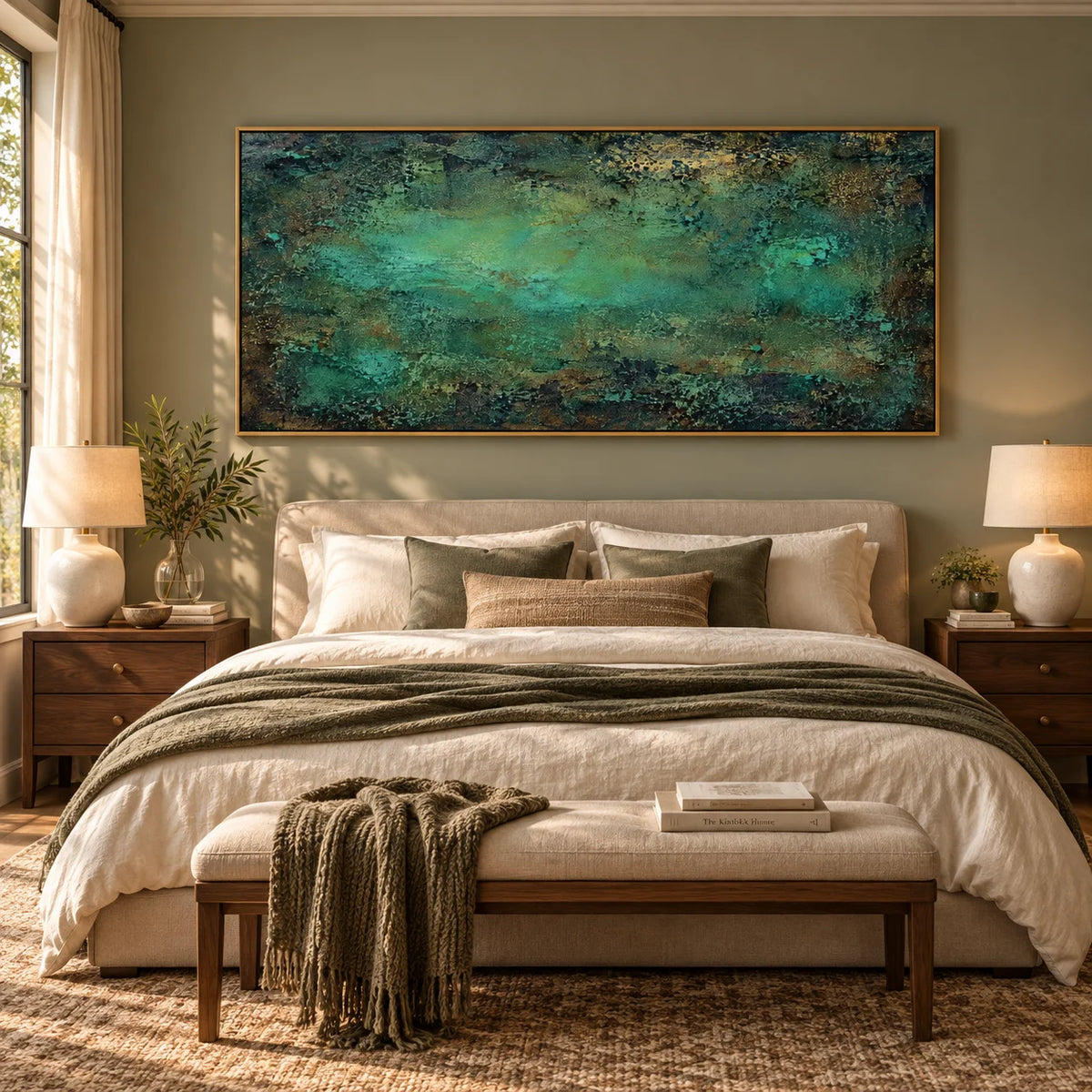 Ownanart Hand-Painted Emerald Green Abstract Textured Oil Painting – Dark Teal, Turquoise and Forest Green Modern Impasto Wall Art for Living Room and Contemporary Home Decor