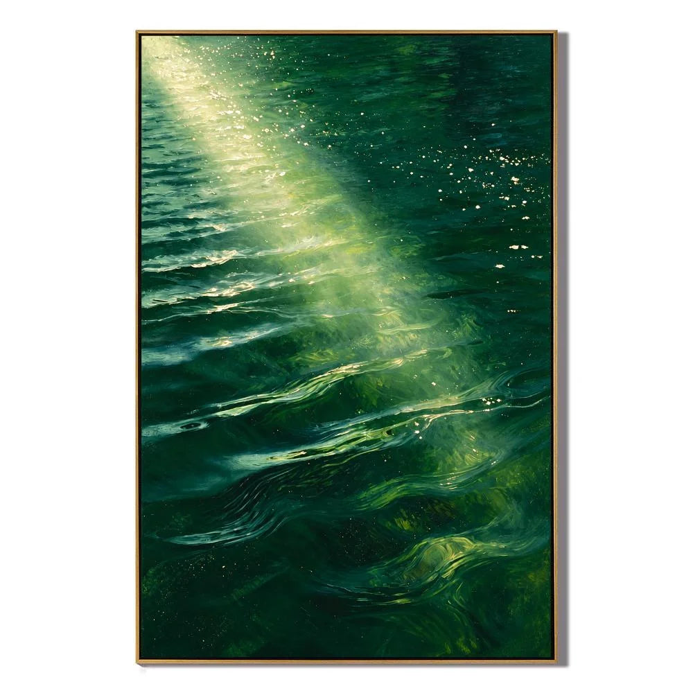 Ownanart Hand-Painted Emerald Green Ocean Oil Painting – Sunlit Waves and Golden Reflections, Coastal Wall Art #OA 1395