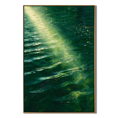 Ownanart Hand-Painted Emerald Green Ocean Oil Painting – Sunlit Waves and Golden Reflections, Coastal Wall Art #OA 1395