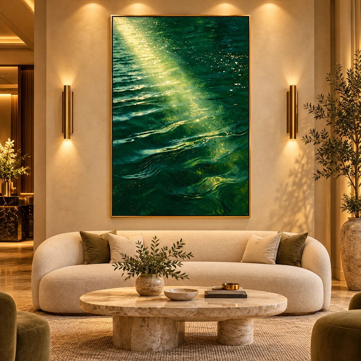 Ownanart Hand-Painted Emerald Green Ocean Oil Painting – Sunlit Waves and Golden Reflections, Coastal Wall Art