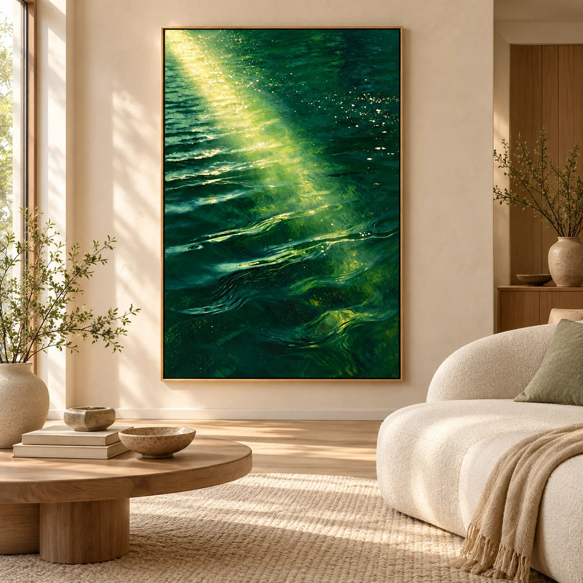Ownanart Hand-Painted Emerald Green Ocean Oil Painting – Sunlit Waves and Golden Reflections, Coastal Wall Art