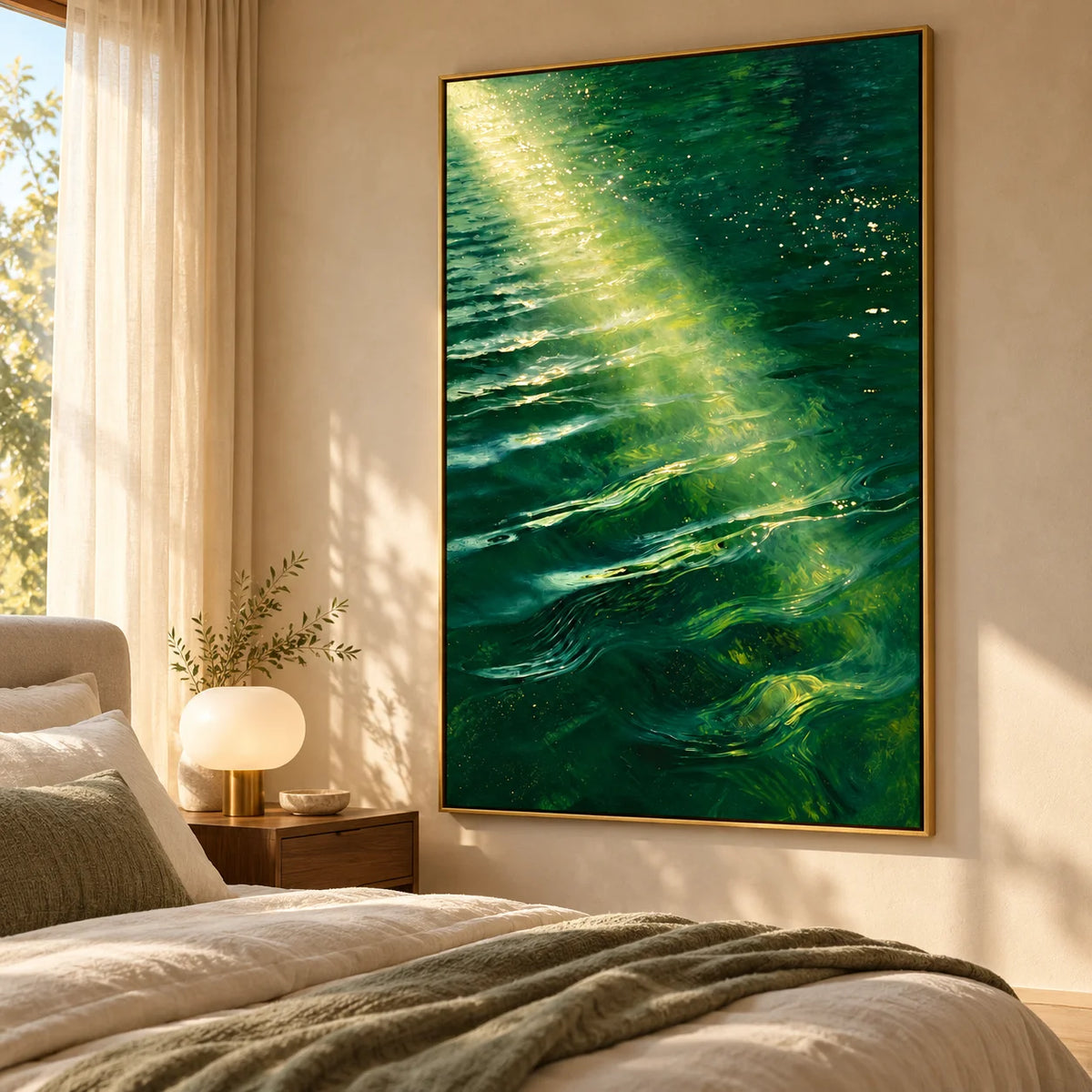 Ownanart Hand-Painted Emerald Green Ocean Oil Painting – Sunlit Waves and Golden Reflections, Coastal Wall Art