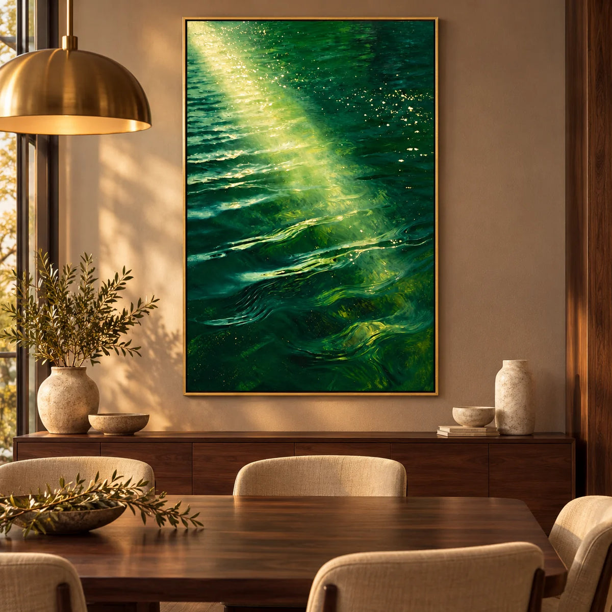 Ownanart Hand-Painted Emerald Green Ocean Oil Painting – Sunlit Waves and Golden Reflections, Coastal Wall Art