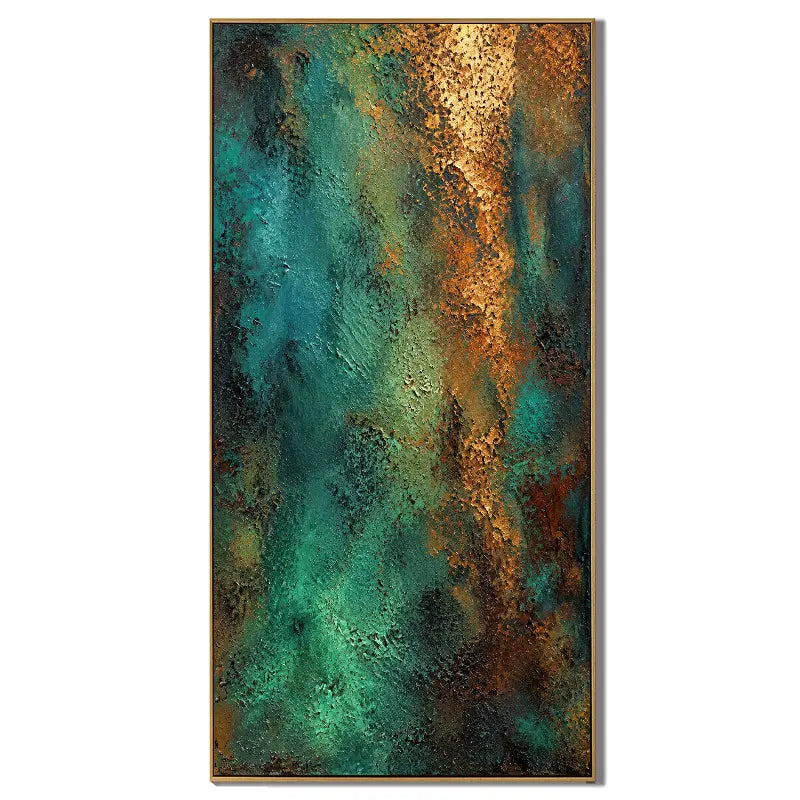 Ownanart Hand-Painted Emerald Green and Gold Abstract Textured Oil Painting – Dark Teal, Turquoise and Metallic Gold 3D Impasto Wall Art, Modern Luxury Vertical Abstract Canvas Art for Living Room # OA 1428