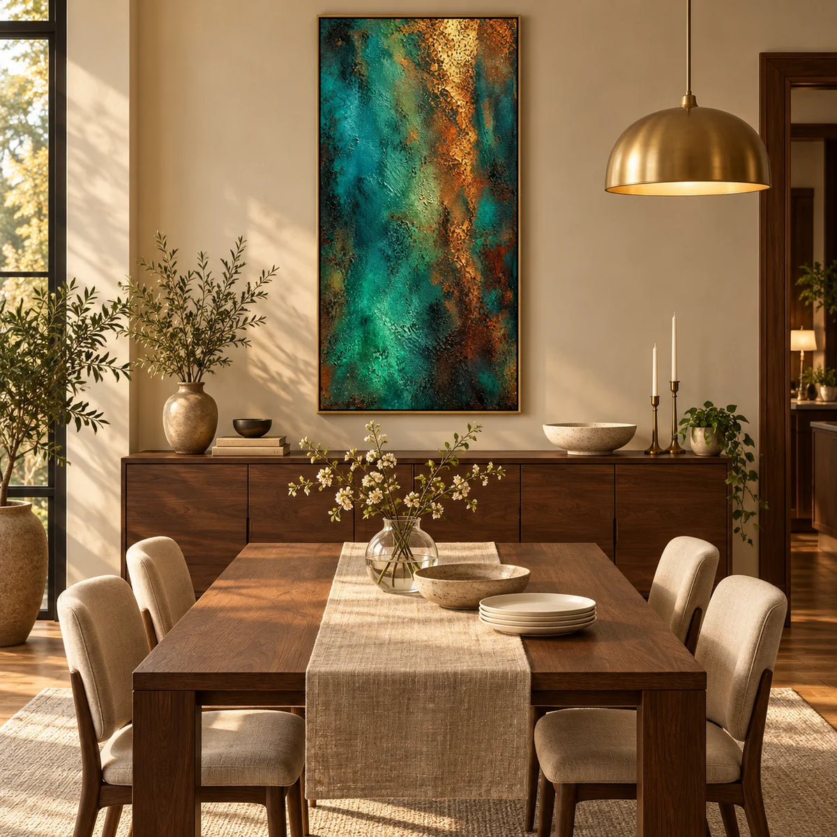 Ownanart Hand-Painted Emerald Green and Gold Abstract Textured Oil Painting – Dark Teal, Turquoise and Metallic Gold 3D Impasto Wall Art, Modern Luxury Vertical Abstract Canvas Art for Living Room
