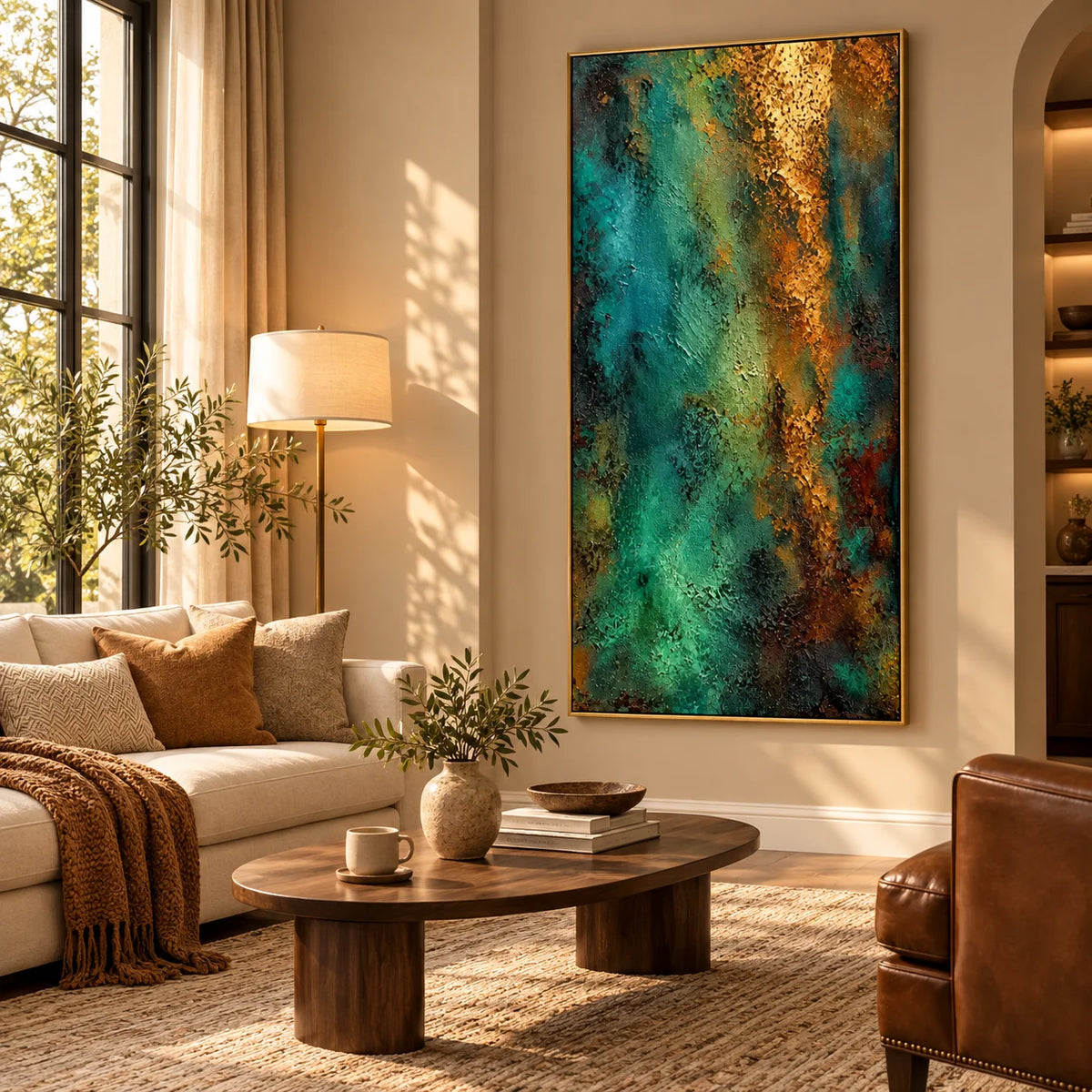 Ownanart Hand-Painted Emerald Green and Gold Abstract Textured Oil Painting – Dark Teal, Turquoise and Metallic Gold 3D Impasto Wall Art, Modern Luxury Vertical Abstract Canvas Art for Living Room