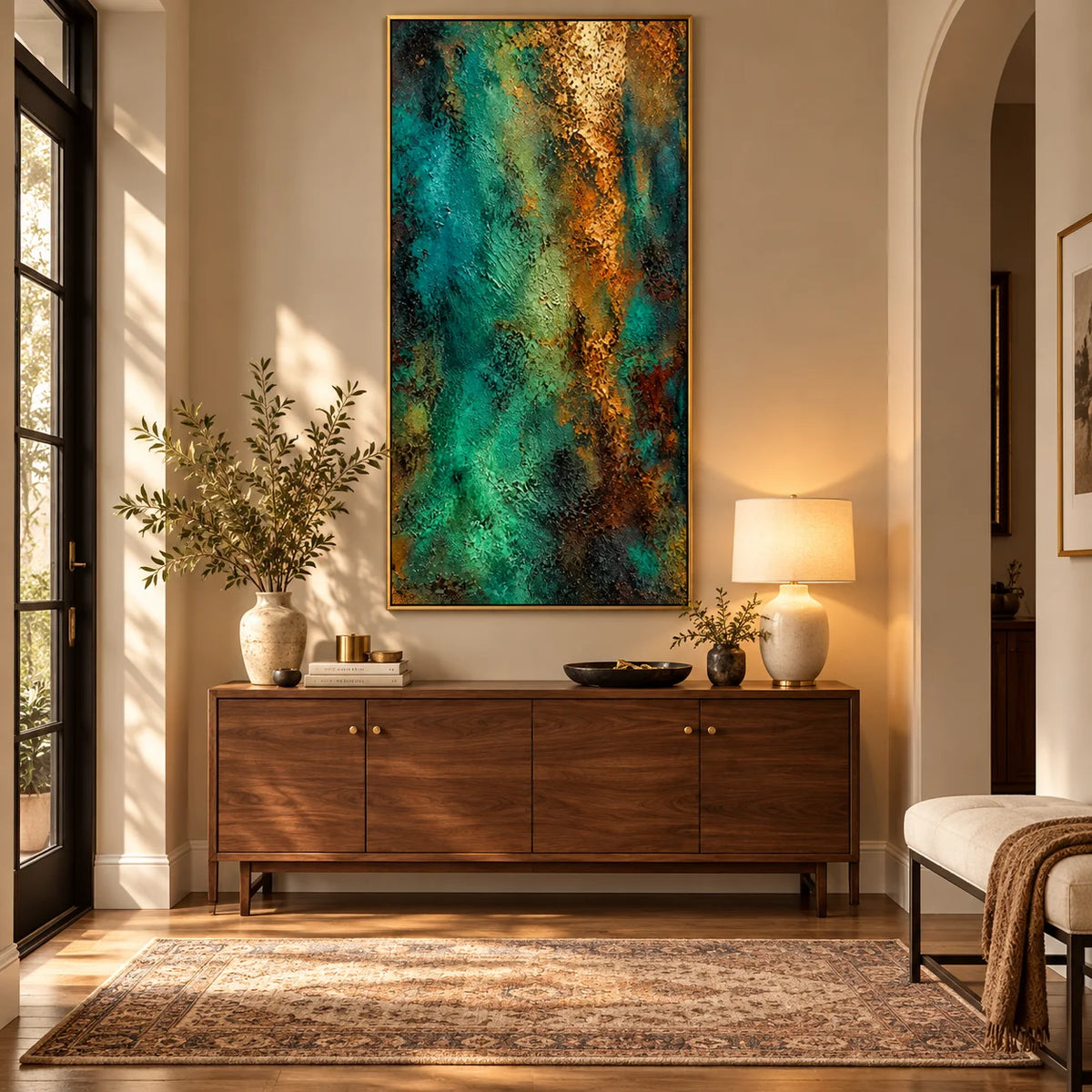Ownanart Hand-Painted Emerald Green and Gold Abstract Textured Oil Painting – Dark Teal, Turquoise and Metallic Gold 3D Impasto Wall Art, Modern Luxury Vertical Abstract Canvas Art for Living Room