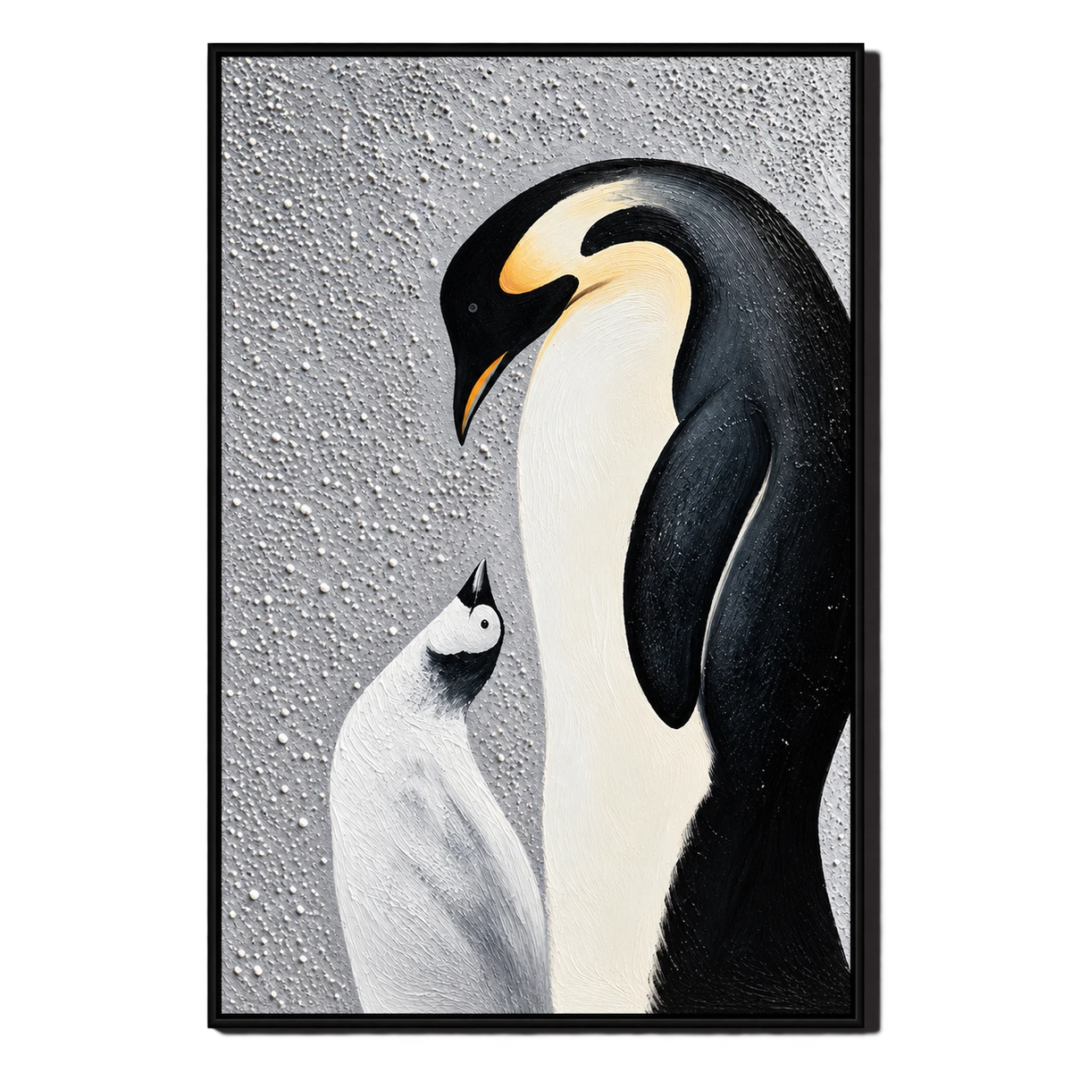 Ownanart Hand-Painted Emperor Penguin and Chick Oil Painting – Modern Animal Art, 3D Textured Vertical Impasto Canvas Wall Art for Living Room Bedroom Entryway and Office #OA 1589