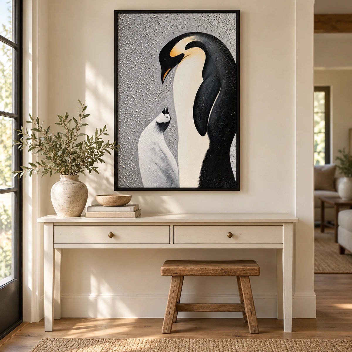 Ownanart Hand-Painted Emperor Penguin and Chick Oil Painting – Modern Animal Art, 3D Textured Vertical Impasto Canvas Wall Art for Living Room Bedroom Entryway and Office #OA 1589