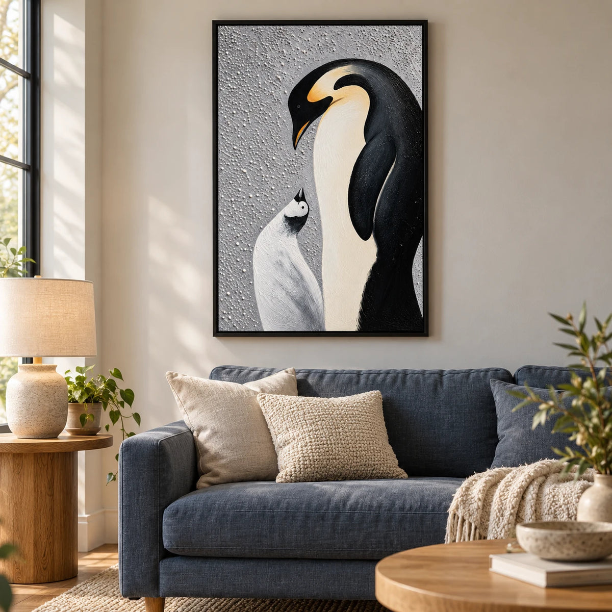 Ownanart Hand-Painted Emperor Penguin and Chick Oil Painting – Modern Animal Art, 3D Textured Vertical Impasto Canvas Wall Art for Living Room Bedroom Entryway and Office #OA 1589
