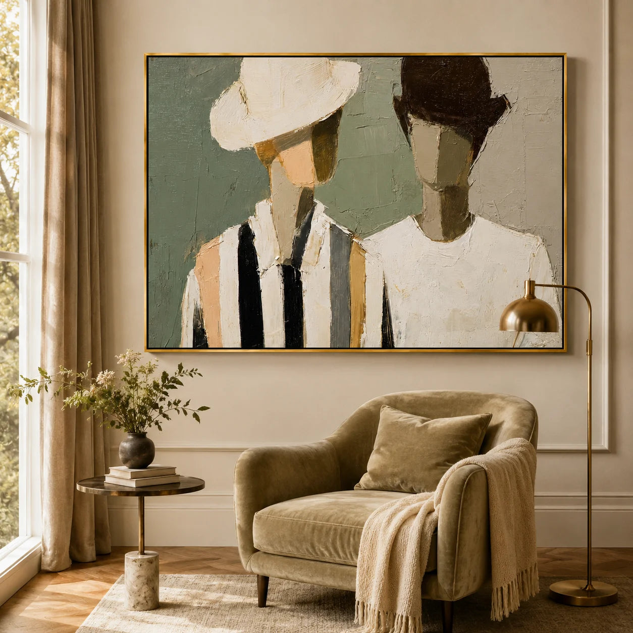 Hand-Painted Fashion Portrait Oil Painting, Modern Couple Wall Art for Chic Contemporary Home Decor#OA 0998