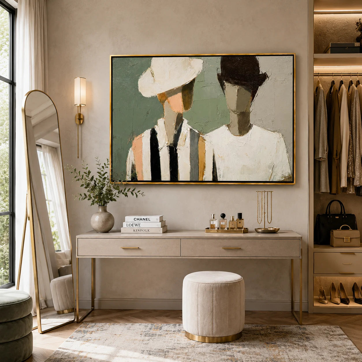 Hand-Painted Fashion Portrait Oil Painting, Modern Couple Wall Art for Chic Contemporary Home Decor#OA 0998