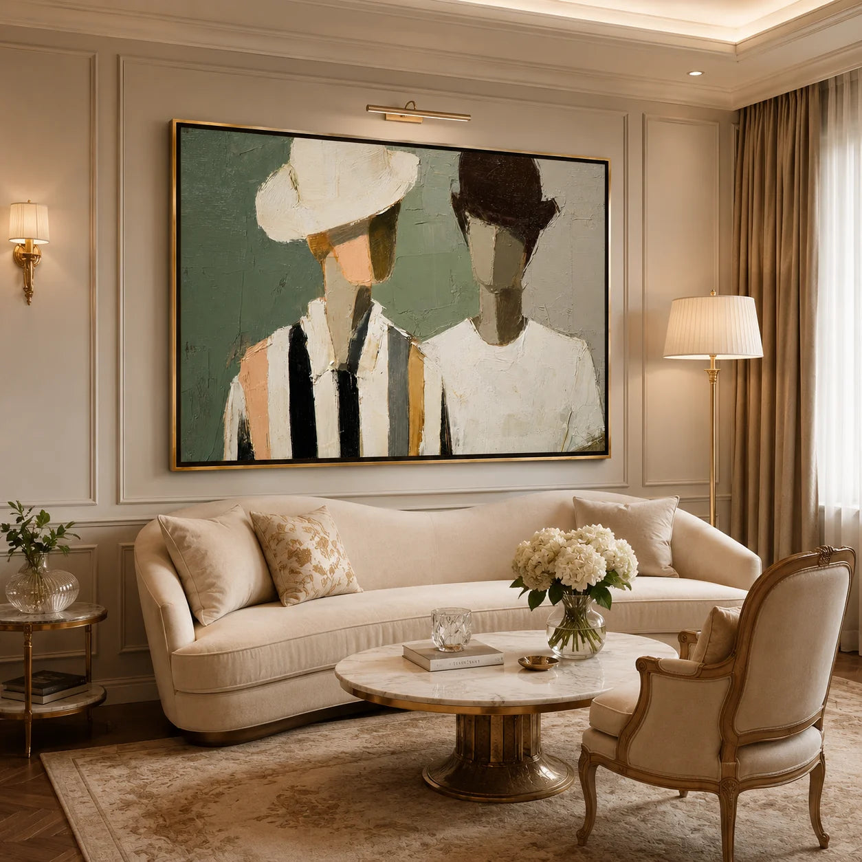 Hand-Painted Fashion Portrait Oil Painting, Modern Couple Wall Art for Chic Contemporary Home Decor#OA 0998