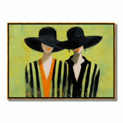 Hand-Painted Fashion Portrait Oil Painting, Two Women in Black Hats Wall Art for Modern Chic Home Decor#OA 0996