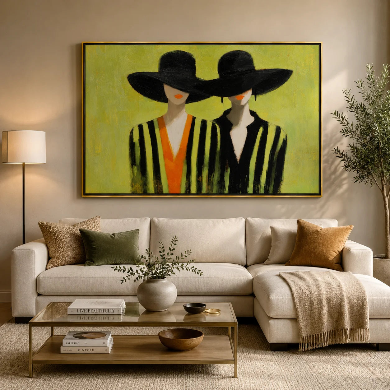 Hand-Painted Fashion Portrait Oil Painting, Two Women in Black Hats Wall Art for Modern Chic Home Decor#OA 0996