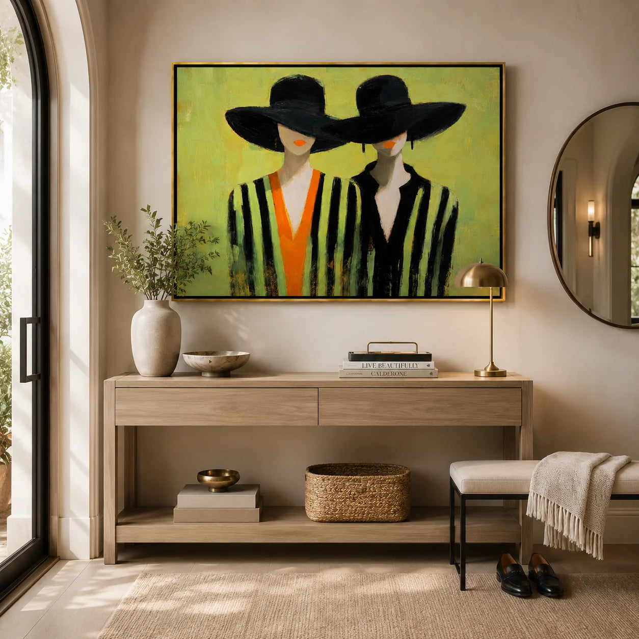 Hand-Painted Fashion Portrait Oil Painting, Two Women in Black Hats Wall Art for Modern Chic Home Decor#OA 0996